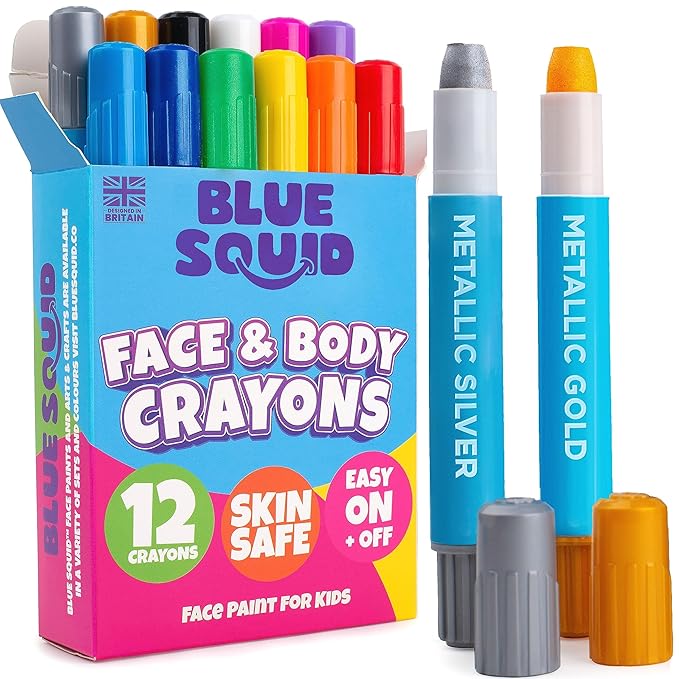 Blue Squid Face Paint Crayons - 12 Vibrant Colors Twistable & Washable Face Paint Sticks - Face Painting Kit for Kids Party, Halloween, Belly Painting Kit Pregnancy, Makeup Body Paints for Adults