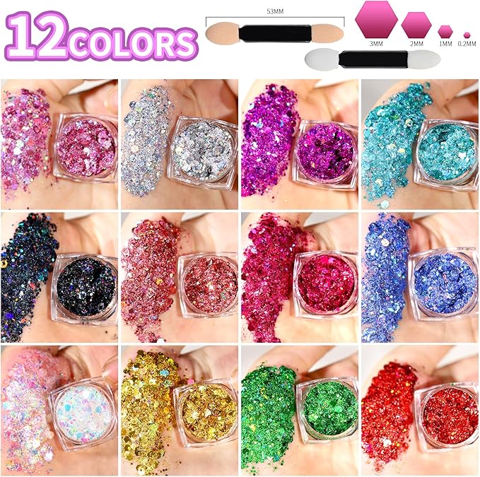Teenitor Body Glitter Face Glitter Makeup Festival Glitter, 12 Colors Face and Body Glitter Gel, Hair Glitter Gel, Body Makeup