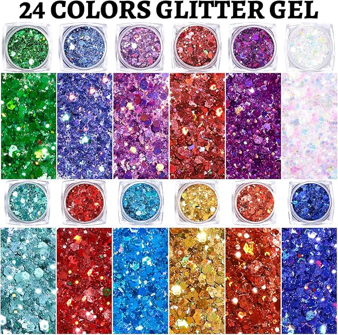 Teenitor 24 Colors Body & Hair Glitter Gel - Face, Body, Hair Glitter for Halloween Makeup Festival