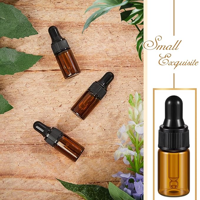 200 Pcs Mini Glass Oil Dropper Bottle Bulk, Clear Essential Small Empty Bottles Sample Containers Perfume Liquid Vials with Cap for Traveling (3 ml,Amber)