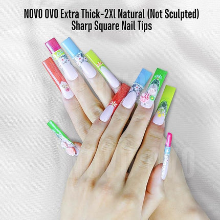 NOVO OVO XXL Sharp Square Natural (not Sculpted) Nail Tip, Extra Thick False Nails Press on, Full Cover Soft Gel Extension Fake Nail Acrylic kit with XL L M French Tip Auxiliary Line x 15 Size 180pcs