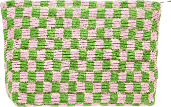 PAZIMIIK Knitted Checkered Makeup Bag Large Zipper Make Up Accessory Pouch for Purse Cosmetic Brush Bag for Travel Essential Pink Green