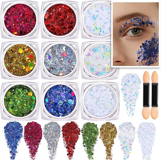 Teenitor Face Glitter, 9 Jars Body Glitter Gel, 9 Colors Makeup Gel Glitter for Face and Body, Hair