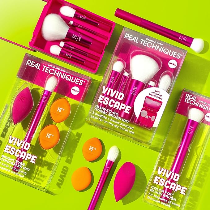 Real Techniques Vivid Escape Glow-To-Go Travel Makeup Brush 6 Piece Set, Mini Size Makeup Brushes For Eyeshadow, Concealer, Contour, & Blush, Includes Mirror Cosmetic Case, Cruelty-Free & Vegan