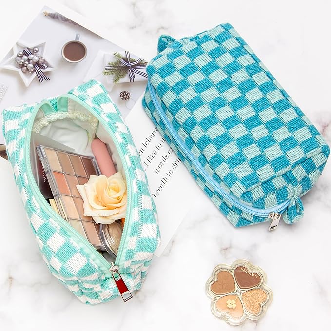 PAZIMIIK Checkered Makeup Bag for Purse Portable Zipper Make Up Pouch Small Cosmetic Case for Travel Accessories Lake Blue