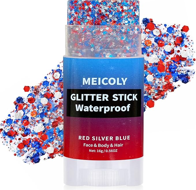 MEICOLY Red White and Blue Face Body Glitter Stick,Hair Glitter Stick for Kids and Women,Sparkle Patriotic Pride Chunky Glitter Makeup for Memorial Day,4th of July Accessories Outfits for Women