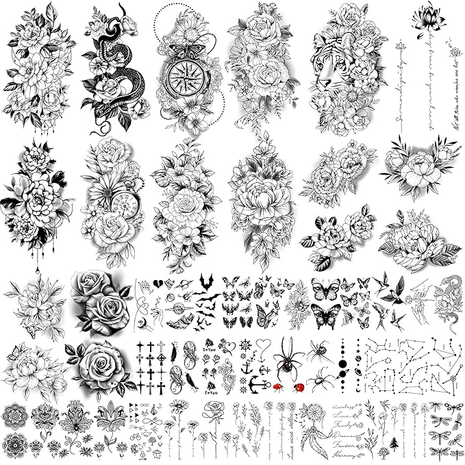 Yazhiji 49 sheets large sexy flowers collection waterproof temporary tattoos lasting fake tattoos for women and girls.