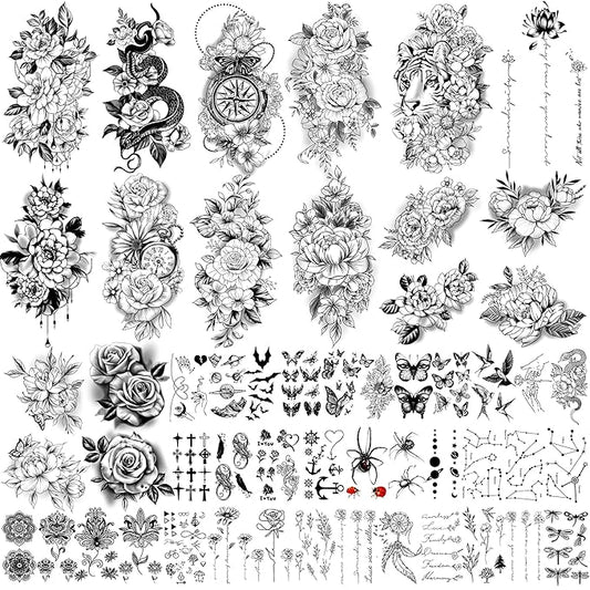 Yazhiji 49 sheets large sexy flowers collection waterproof temporary tattoos lasting fake tattoos for women and girls.