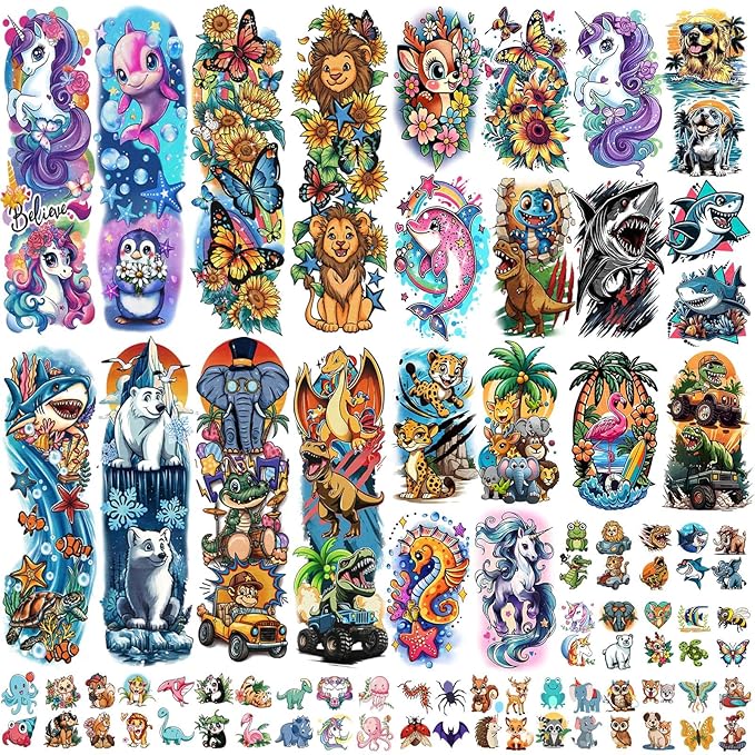 52 Sheets Temporary Tattoos Kids Lion Dinosaur Shark Car Dolphins Butterfly Elephant Full Arm Sleeve Fake Tattoos Sticker for Boy Girl