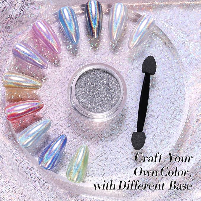 Born Pretty Holographic Nail Powder Fine Rainbow Iridescent Holographic Effect Multi Chrome Manicure Pigment Glitter Dust for Salon Home Nail Art DIY Design