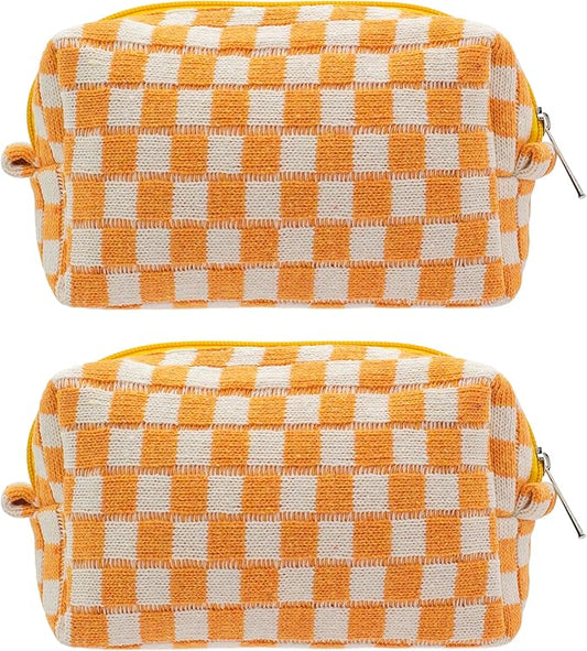PAZIMIIK Checkered Makeup Bag for Purse Portable Zipper Make Up Pouch Small Cosmetic Case for Travel Accessories (2PCS Orange)