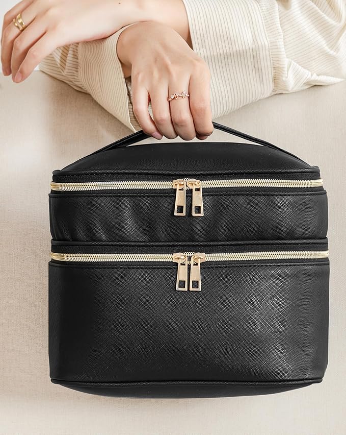 Makeup Bag for Women, X-Large Travel Makeup Bag Organizer, Portable Toiletry Bag, Cute Makeup Bags, Waterproof Leather Cosmetic Bag, Makeup Case with Removable Dividers, Black