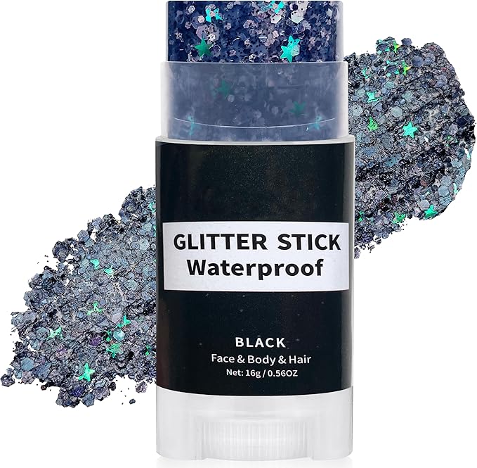 Black Face Glitter Stick,Halloween Body Hair Glitter for Kids,Waterproof Singer Concert Outfits for Women, Chunky Glitter Makeup Sequins Body Paint for Parties,Festival