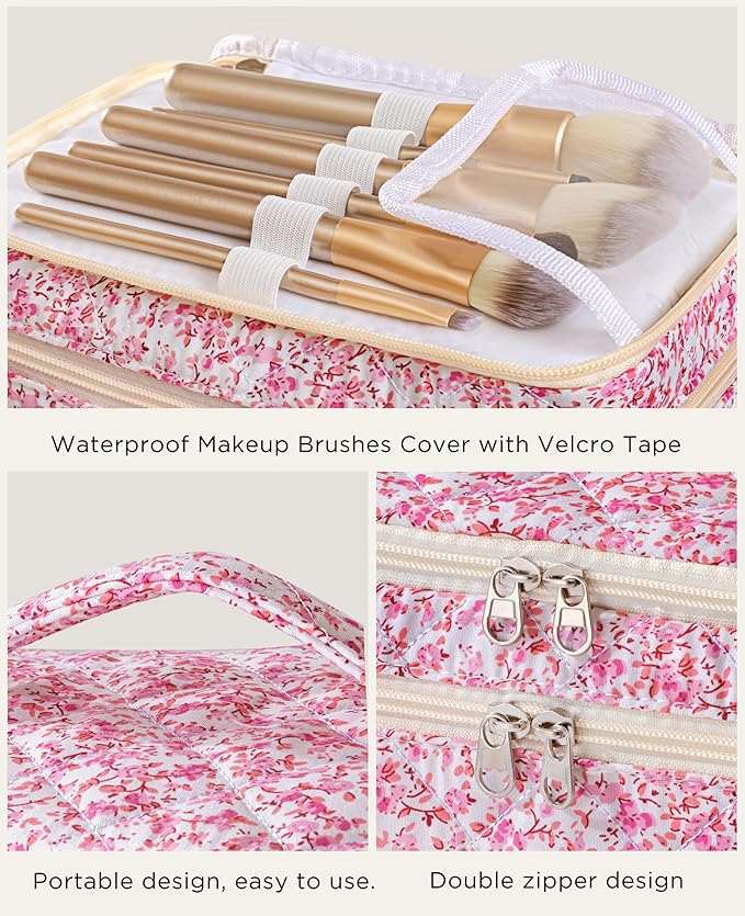 HBselect 2Pcs Travel Makeup Bag, Large Cotton Quilted Makeup Bag Cosmetic Bag Cute Make up Bag Toiletry Bags for Women Girls