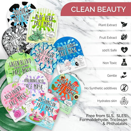 NATURAL Korean Sheet Mask (10 pcs set) made with Premium Tencel, Hydrating Face Masks, Face Sheet Mask, Korean Face Mask Skin Care For Women, Teen, Girls, Mens, Beauty Mask, Spa face Masks for a Youthful K-Beauty Glow