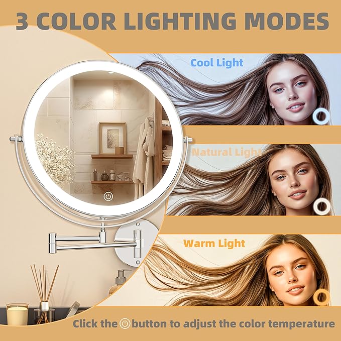 8.5" Wall Mounted Makeup Mirror with Light, 2000mAh Rechargeable Double Sided 1X / 10X Magnifying Vanity Mirror, 3 Color Lights Touch Dimmable 360° Rotation Bathroom Mirror, Chrome