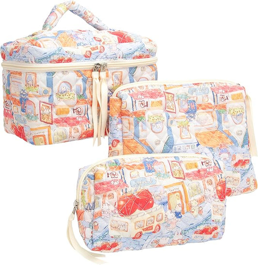 PAZIMIIK 3PCS Makeup Bag SET Large Travel Quilted Zipper Soft Cosmetic Case Pouch for Women Girls Make Up,Little Bunny