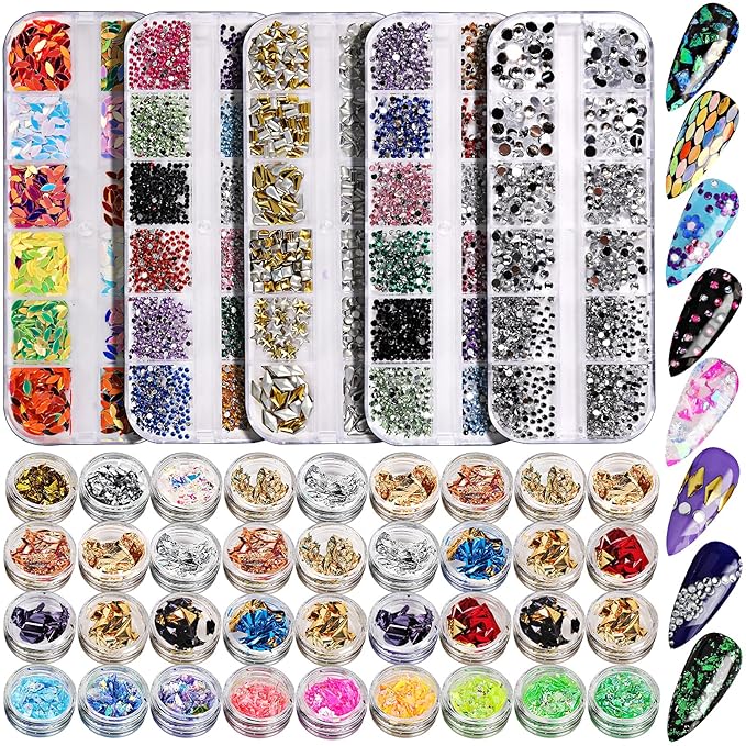 Teenitor 41 Boxes Rhinestones for Nails, Nail Gems 5 Boxes Nail Art Rhinestones 36 Boxes Nail Flakes, Nail Gems Stone Nail Design Kit, Nail Rhinestones for Nail Art Nail Accessories