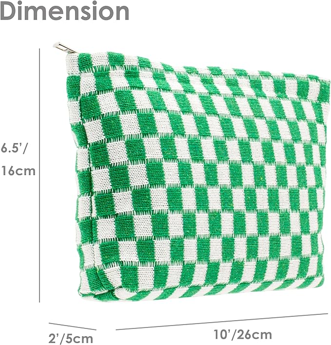 PAZIMIIK Knitted Checkered Makeup Bag Large Zipper Make Up Accessory Pouch for Purse Cosmetic Brush Bag for Travel Essential,Green