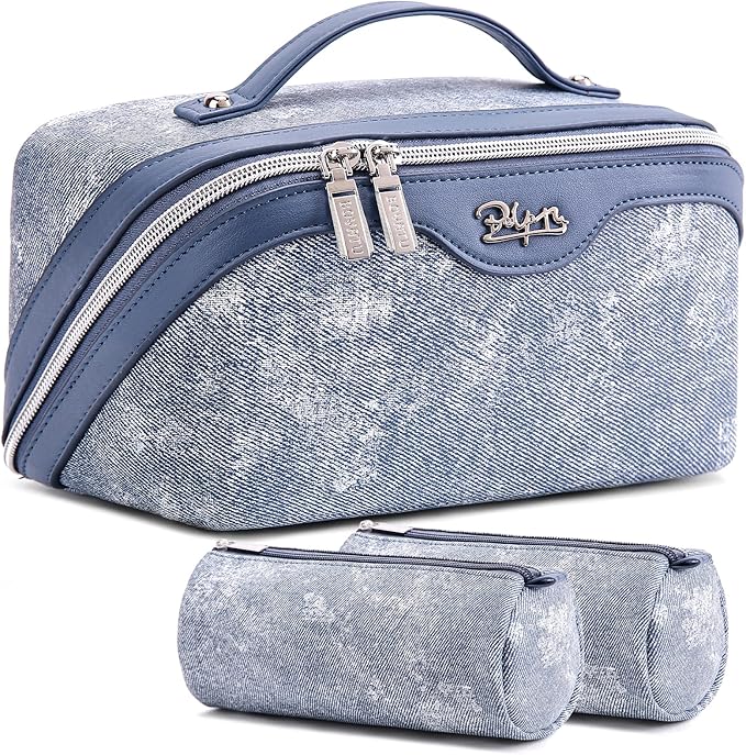 Travel Makeup Bag Cosmetic Bags for Women: 3 Sets Large Capacity Make up Bag - Portable Toiletry Bags with Handle for Women(05-Blue)