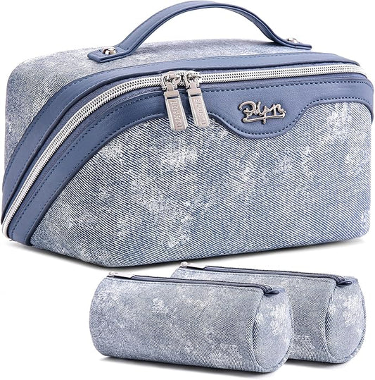 Travel Makeup Bag Cosmetic Bags for Women: 3 Sets Large Capacity Make up Bag - Portable Toiletry Bags with Handle for Women(05-Blue)
