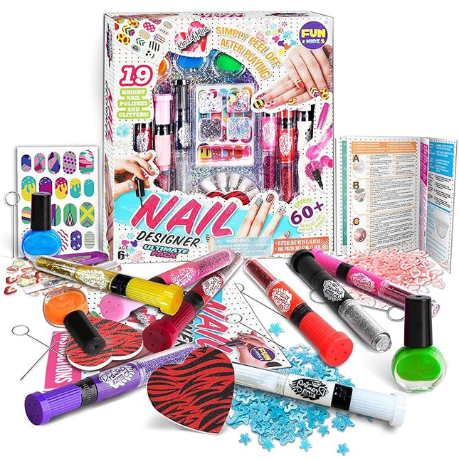 Nail Polish Pens Kit for Girls Ages 7-12, FunKidz Nail Pen Combo Kit Teen Gift Peelable Nail Art Studio Set with Cool Girly Decoration Stuff Pearl Beads, Glitter, Nail Stickers, Nail File, Gems