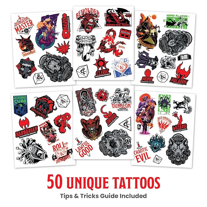 Savvi - 50 Dungeons & Dragons Temporary Tattoos: Skin-Safe Ink, Great for Birthday Parties and Game Nights, Boys and Girls Ages 4-12+, Made in the USA [6 sheets, 50 count]