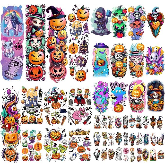 52 Pcs Bright colors Halloween Temporary Tattoo for Kids Full Arm for Girls Boys Pumpkin Ghost Castle Monster Body Face Fake Arm Tattoos Makeup Tiny Tattoo Stickers Scary Halloween Party Supplies
