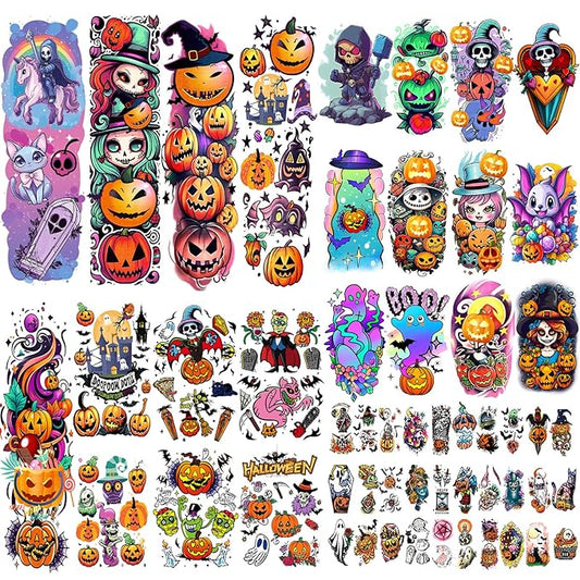 52 Pcs Bright colors Halloween Temporary Tattoo for Kids Full Arm for Girls Boys Pumpkin Ghost Castle Monster Body Face Fake Arm Tattoos Makeup Tiny Tattoo Stickers Scary Halloween Party Supplies