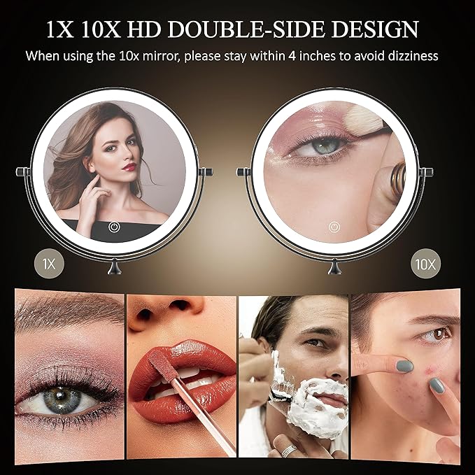 Rechargeable Wall Mounted Lighted Makeup Vanity Mirror 8 Inch Double Sided 1X 10X Magnifying Bathroom Mirror, 3 Color Lighting, Touch Screen Dimming, 360 Rotation Shaving Mirror