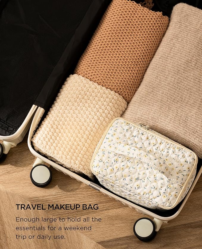 HBselect 2Pcs Travel Makeup Bag, Large Cotton Quilted Makeup Bag Cosmetic Bag Cute Make up Bag Toiletry Bags for Women Girls