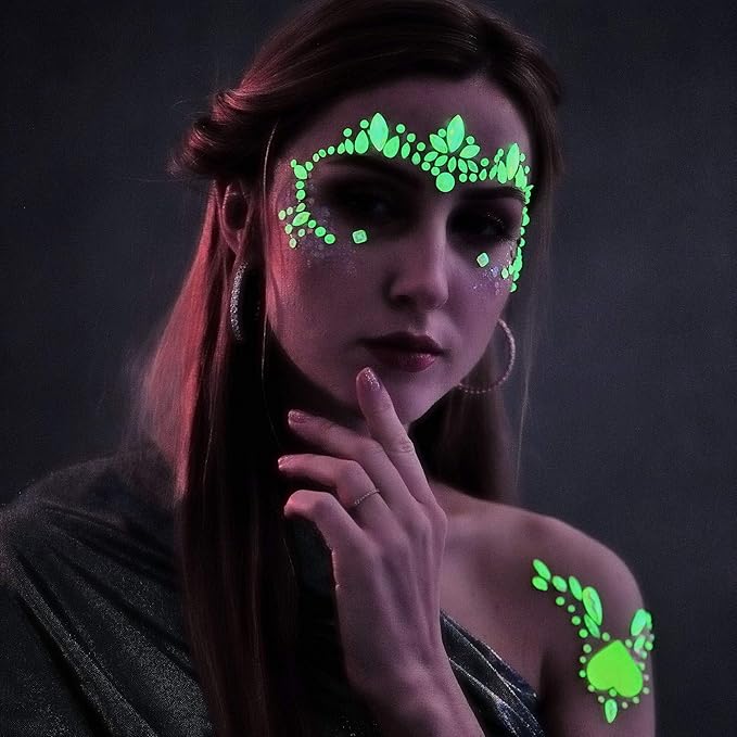 6Sets Noctilucent Face Gems Blacklight Body Stickers Glow in The Dark Lumino Face Jewels Fluorescent face Tattoo Crystals Rhinestone Sticker Body Jewelry Party Accessories for Halloween