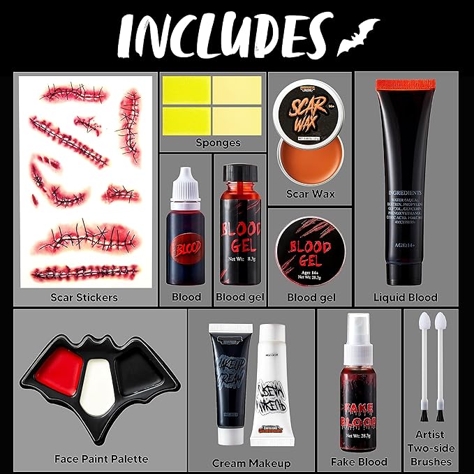 Spooktacular Creations 16 Pcs Halloween Family Makeup Kit Face Body Paint with Liquid Blood Gel, Fake Blood and More Easy On Makeup Set for Zombie Costume Cosplay Halloween Party Supplies