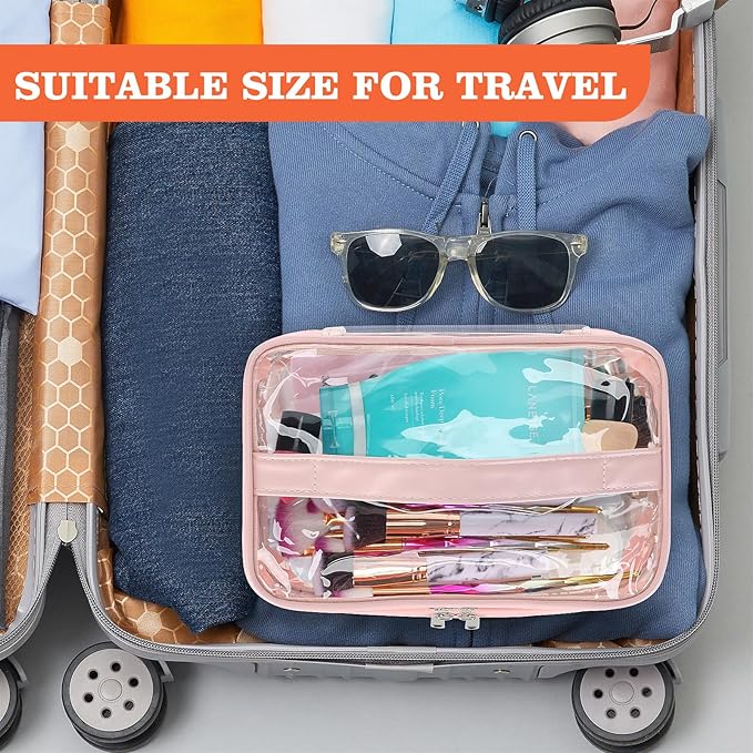 HAOGUAGUA Double Layer Clear Cosmetic Bag Makeup Bag, Waterproof Travel Toiletry Bag, Transparent PVC Pouch Organizer (Pink Large)