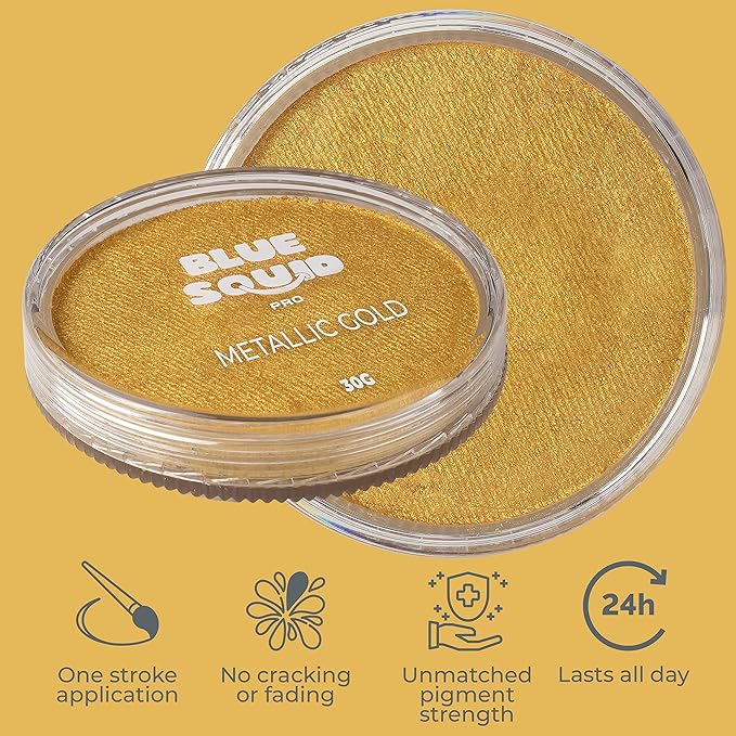 Blue Squid Face Paint Water Based Single Cake Professional Face Paint & Body Paint - Water Activated, Kids Adults Face Painting for Costume, Halloween Makeup, Cosplay - Metallic Gold Face Paint 30g
