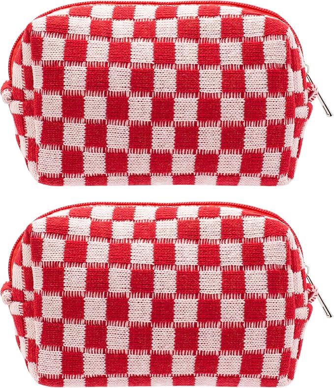 PAZIMIIK Checkered Makeup Bag for Purse Portable Zipper Make Up Pouch Small Cosmetic Case for Travel Accessories (2PCS Red)