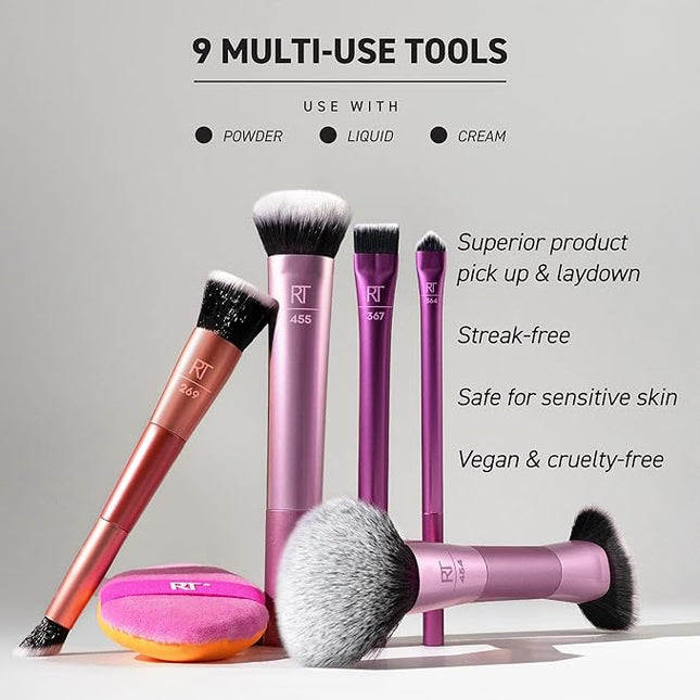 Real Techniques Big Blends Energy Brush + Dual-Sided Puff Kit, 6 Piece Face Makeup Brush & Puff Set for Foundation, Concealer, Powder & Blush, Travel Friendly, Cruelty-Free & Vegan