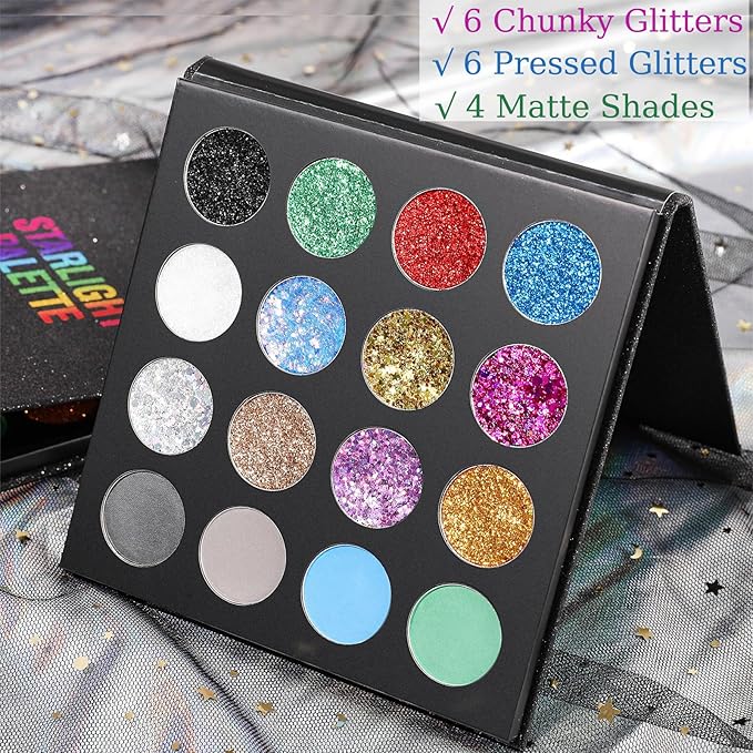 UCANBE Glitter Eyeshadow Makeup Palette - 12 Face Body Chunky & Fine Pressed Glitter + 4 Eye Shadow Powder Make Up Pallet for Theater Party Cosplay Halloween Christmas, Highly Pigmented Ultra Shimmer