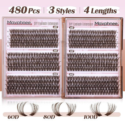 Brown Lash Extensions D-Curly Eyelash Extensions 480Pcs Volume Lash Clusters Dark Brown Cluster Eyelash Extensions Wispy Clusters Individual Lashes Thick Cluster Lashes (60D 80D 100D Mixed, 10-16MM)