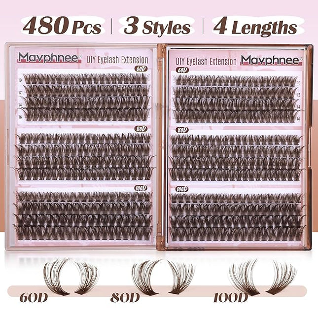Brown Lash Extensions D-Curly Eyelash Extensions 480Pcs Volume Lash Clusters Dark Brown Cluster Eyelash Extensions Wispy Clusters Individual Lashes Thick Cluster Lashes (60D 80D 100D Mixed, 10-16MM)