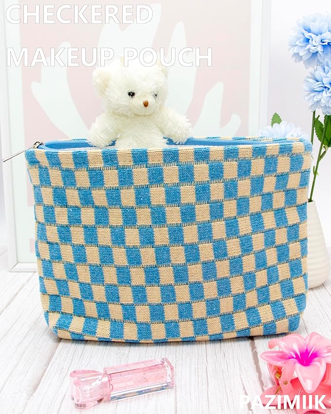 PAZIMIIK Knitted Checkered Makeup Bag Large Zipper Make Up Accessory Pouch for Purse Cosmetic Brush Bag for Travel Essential Blue Beige