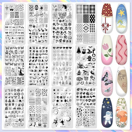 Biutee Nail Stamper Kit 12Pcs Nail Art Stamping Plate 8 Colors Stamp Polish Gel with Top Coat and Base Coat Set Silicone Stamper Scraper, Nail Stamp Plates Love Flower Butterfly Leaf Valentine Design