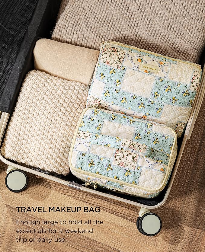 HBselect 2Pcs Travel Makeup Bag, Large Cotton Quilted Makeup Bag Cosmetic Bag Cute Make up Bag Toiletry Bags for Women Girls