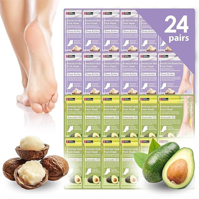 Innerest Original Derma Beauty Foot Mask 24 Pairs Shea Butter + Avocado Moisturizing After Exfoliator Callus Remover Foot Masks, Pedicure Supplies
