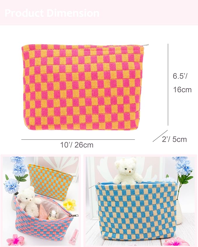 PAZIMIIK Knitted Checkered Makeup Bag Large Zipper Make Up Accessory Pouch for Purse Cosmetic Brush Bag for Travel Red Orange