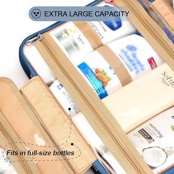 Travel Hanging Toiletry Bag for Women, Large Makeup Bag 8 Leak Proofing Silicone Bottle Covers, Waterproof Cosmetic Bag with Jewelry Organizer Compartment, Toiletries Kit Set, Navy Blue