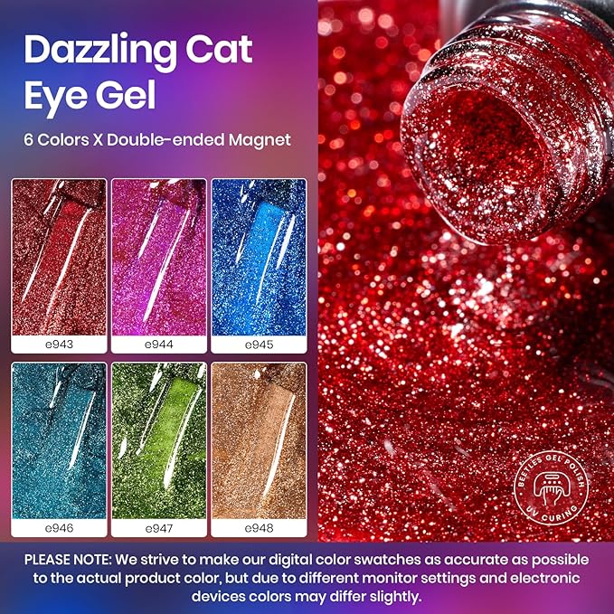 Beetles Cat Eye Gel Nail Polish, 6 Colors Red Purple Green Blue Green Gold Holographic Glitter Gel Polish Set with Magnet Soak Off UV Shimmer Velvet Gel Sparkle Soiree Series Manicure Gifts for Women