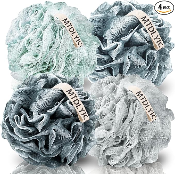 Loofah Sponge, XXL Large Loofah 100g 4 Pack, Bath Sponge Soft Mesh Shower Loofah for Men, Body Scrub, Shower Pouf Bath Accessories, for Body Wash, Soap (Blue Gray)