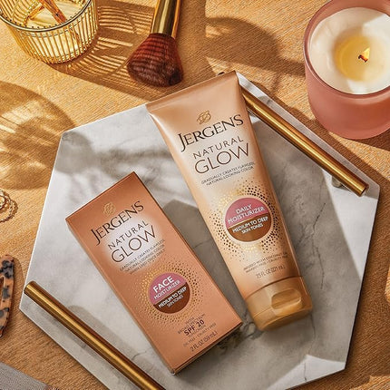 Jergens Natural Glow Self Tanner Face Moisturizer with SPF 20 Facial Sunscreen, Medium to Deep Skin Tone, Sunless Tanning, Oil Free, Broad Spectrum Protection UVA and UVB, 2 oz (Packaging May Vary)