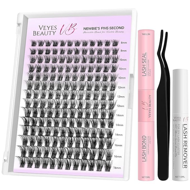 VEYESBEAUTY Lash Clusters Kit Individual Eyelash Extensions Thin & Invisible Band DIY False Eyelashes Newbie's Five-Second Series Wispy Lash Tray, Bomb KIT with Bond&Seal Remover Applicator